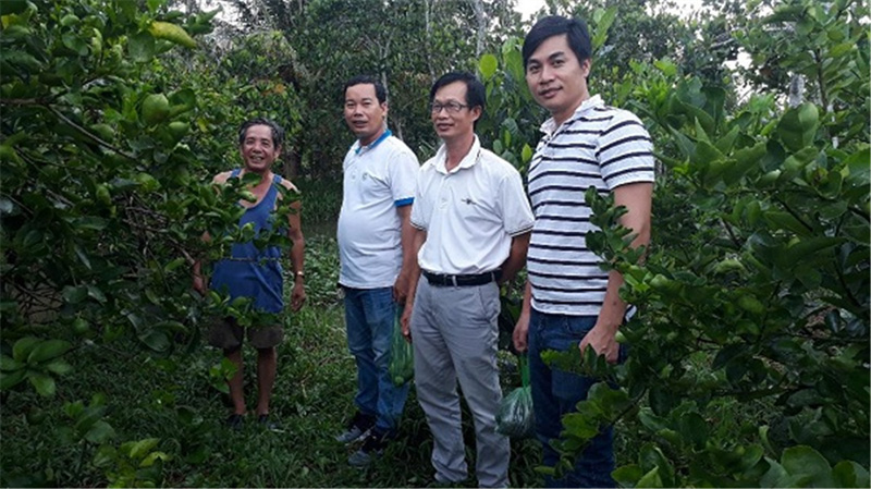 Ảnh: Đoàn khảo sát vườn chanh của ông Lê Văn Lem - Xã Đông Phước A, huyện Châu Thành